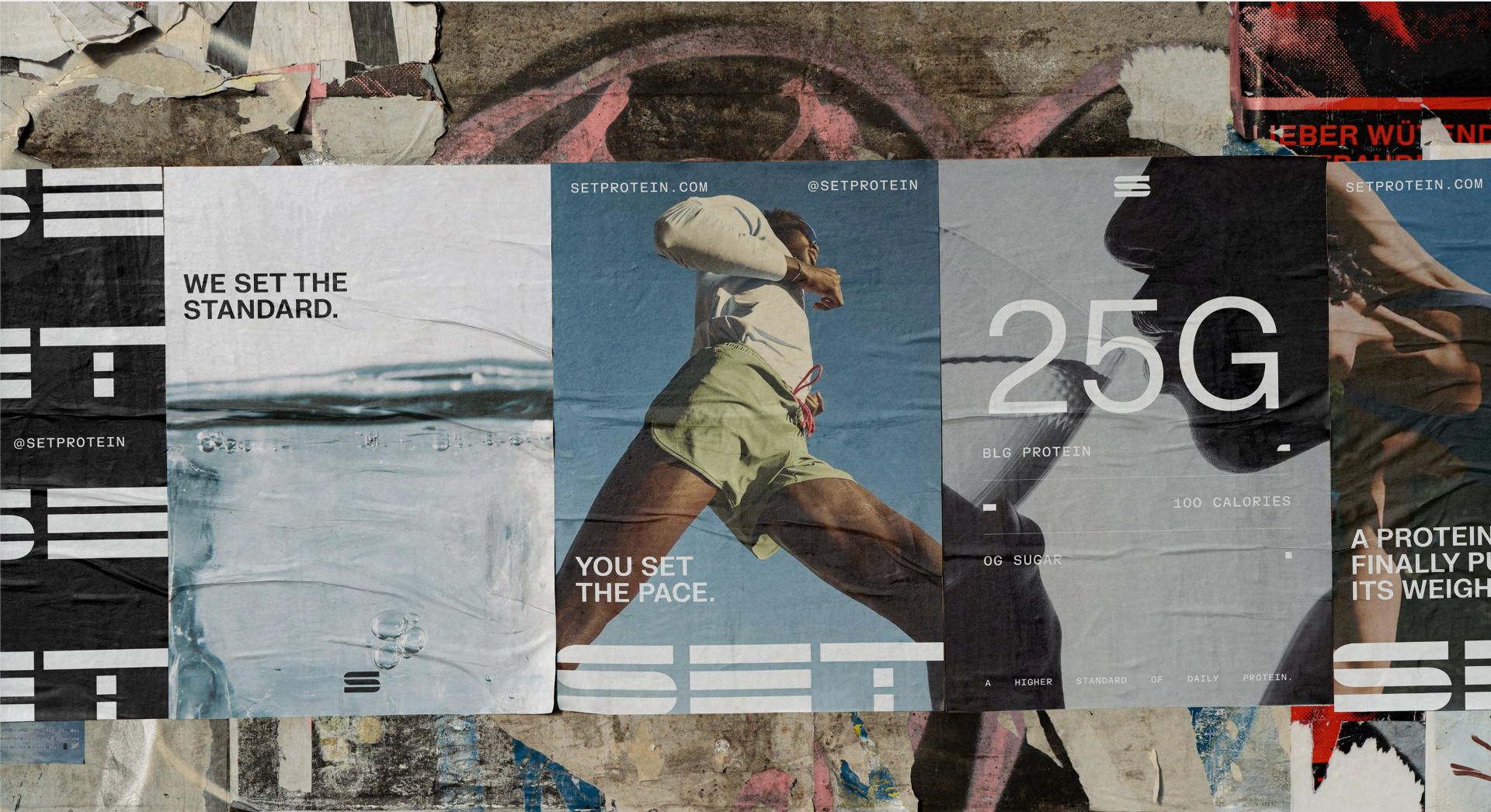 SET poster wall — wheatpaste campaign featuring runner, 25G specimen, and SET wordmark